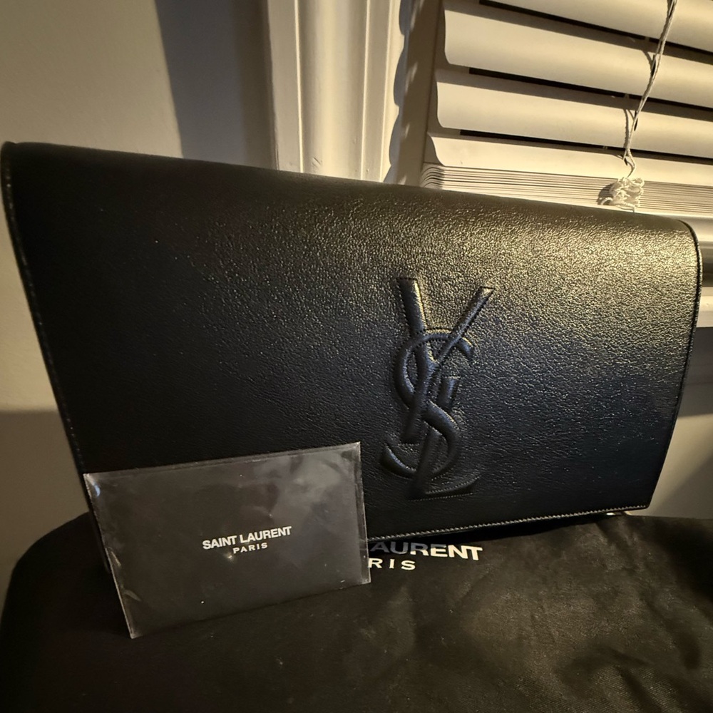 Saint Laurent Black Leather Clutch w/iconic YSL logo